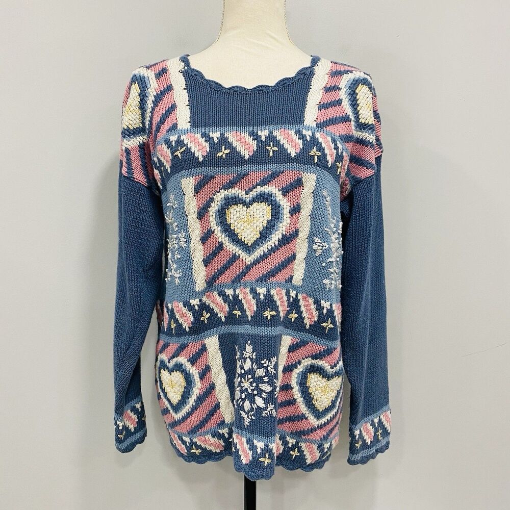 VINTAGE 90s Womens M Blue Granny Core Heart Patchwork Heavy Knit Sweater Cottage